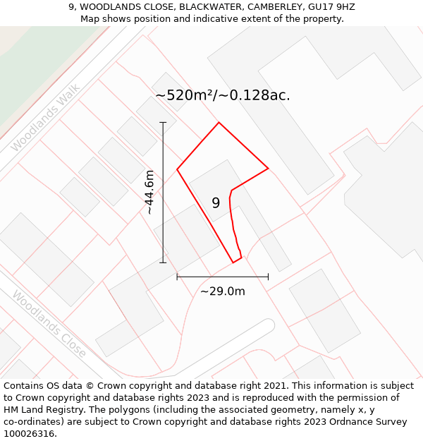 9, WOODLANDS CLOSE, BLACKWATER, CAMBERLEY, GU17 9HZ: Plot and title map