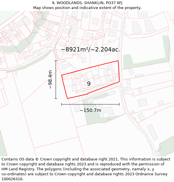 9, WOODLANDS, SHANKLIN, PO37 6FJ: Plot and title map