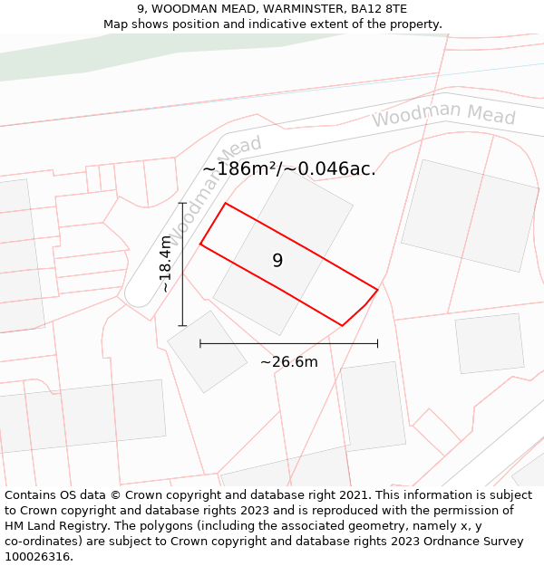 9, WOODMAN MEAD, WARMINSTER, BA12 8TE: Plot and title map