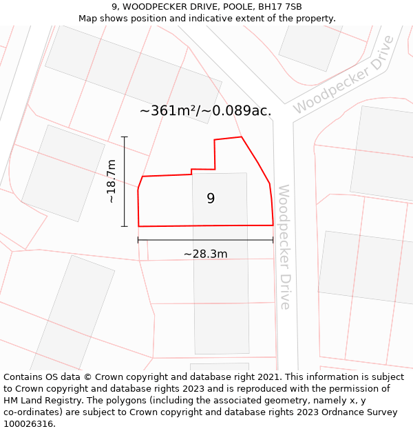 9, WOODPECKER DRIVE, POOLE, BH17 7SB: Plot and title map