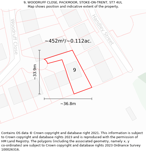 9, WOODRUFF CLOSE, PACKMOOR, STOKE-ON-TRENT, ST7 4UL: Plot and title map