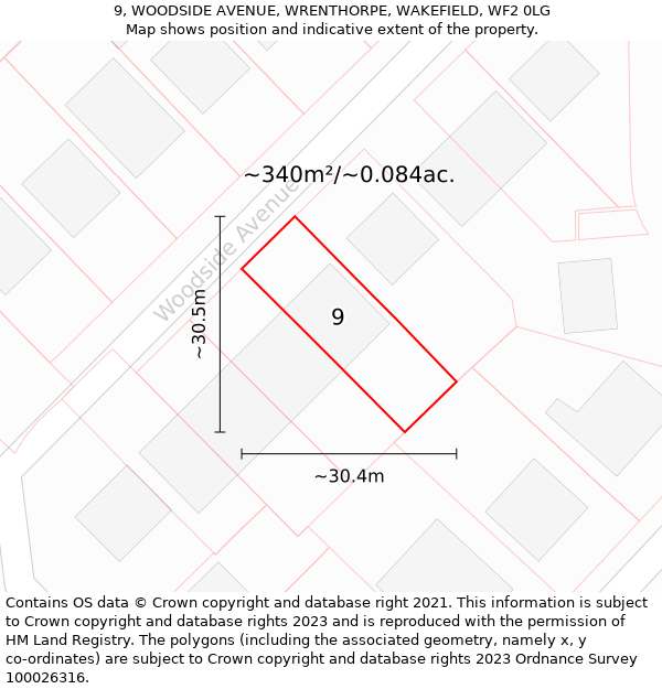 9, WOODSIDE AVENUE, WRENTHORPE, WAKEFIELD, WF2 0LG: Plot and title map