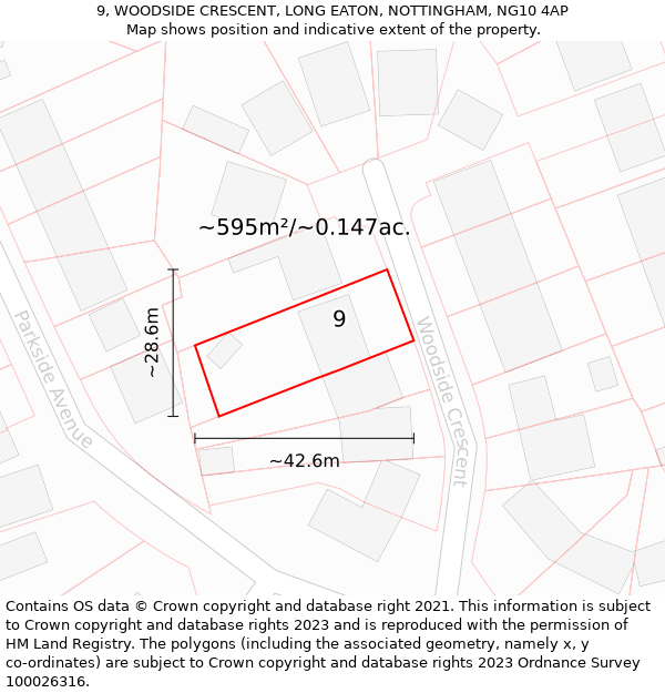 9, WOODSIDE CRESCENT, LONG EATON, NOTTINGHAM, NG10 4AP: Plot and title map