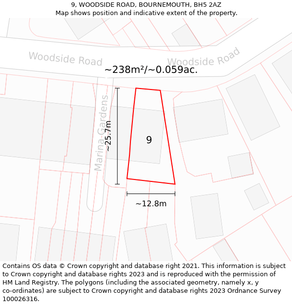 9, WOODSIDE ROAD, BOURNEMOUTH, BH5 2AZ: Plot and title map