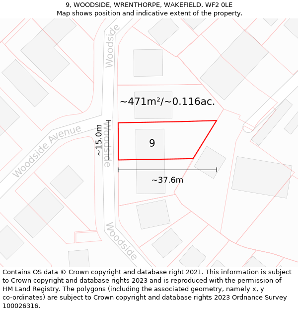 9, WOODSIDE, WRENTHORPE, WAKEFIELD, WF2 0LE: Plot and title map