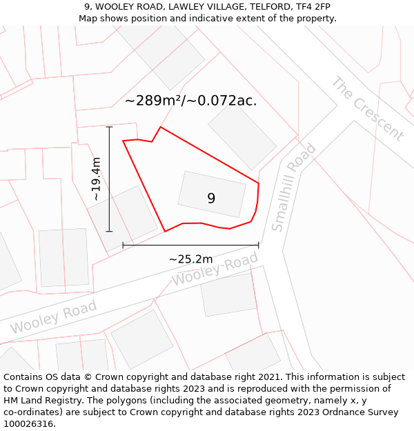 9, WOOLEY ROAD, LAWLEY VILLAGE, TELFORD, TF4 2FP: Plot and title map