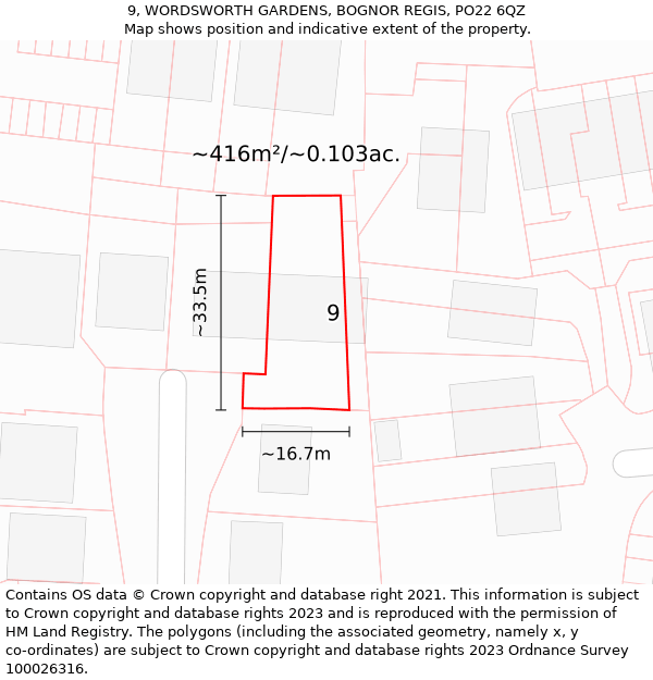 9, WORDSWORTH GARDENS, BOGNOR REGIS, PO22 6QZ: Plot and title map