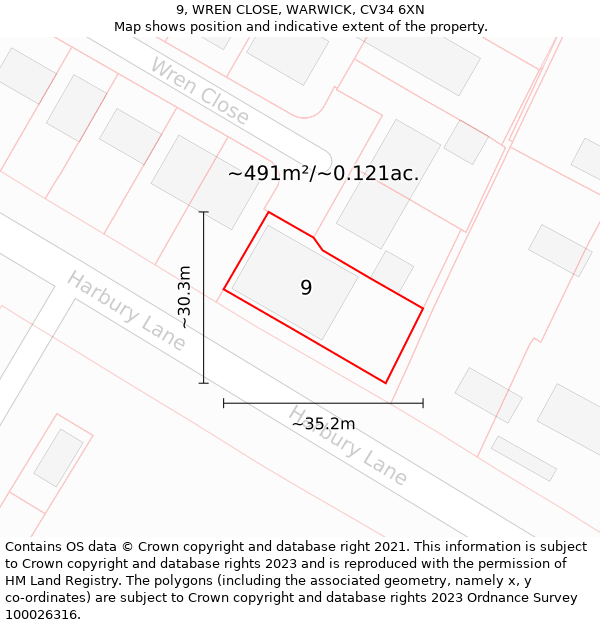 9, WREN CLOSE, WARWICK, CV34 6XN: Plot and title map
