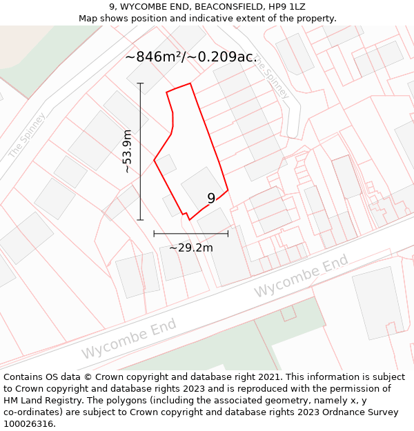 9, WYCOMBE END, BEACONSFIELD, HP9 1LZ: Plot and title map