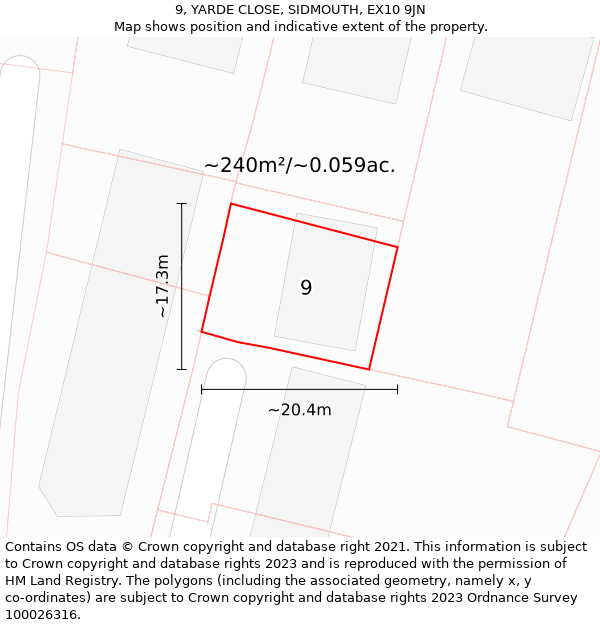 9, YARDE CLOSE, SIDMOUTH, EX10 9JN: Plot and title map