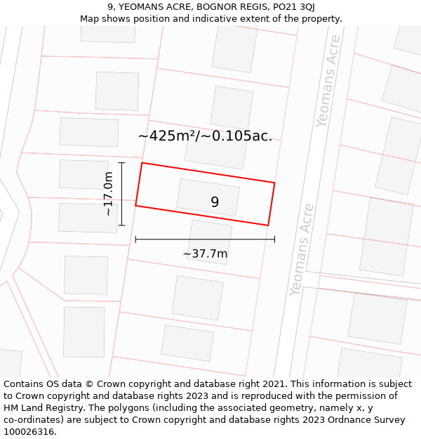 9, YEOMANS ACRE, BOGNOR REGIS, PO21 3QJ: Plot and title map