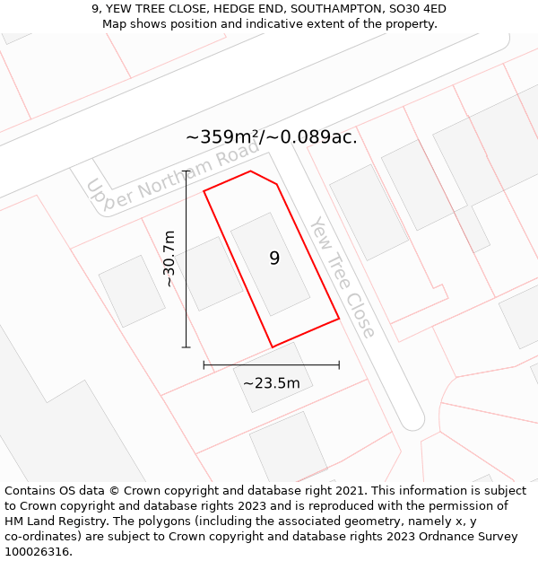 9, YEW TREE CLOSE, HEDGE END, SOUTHAMPTON, SO30 4ED: Plot and title map