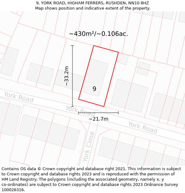 9, YORK ROAD, HIGHAM FERRERS, RUSHDEN, NN10 8HZ: Plot and title map