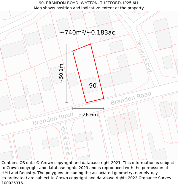 90, BRANDON ROAD, WATTON, THETFORD, IP25 6LL: Plot and title map