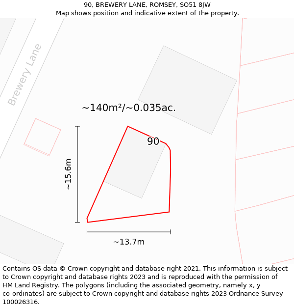 90, BREWERY LANE, ROMSEY, SO51 8JW: Plot and title map