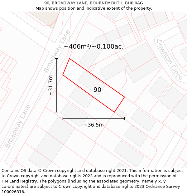 90, BROADWAY LANE, BOURNEMOUTH, BH8 0AG: Plot and title map