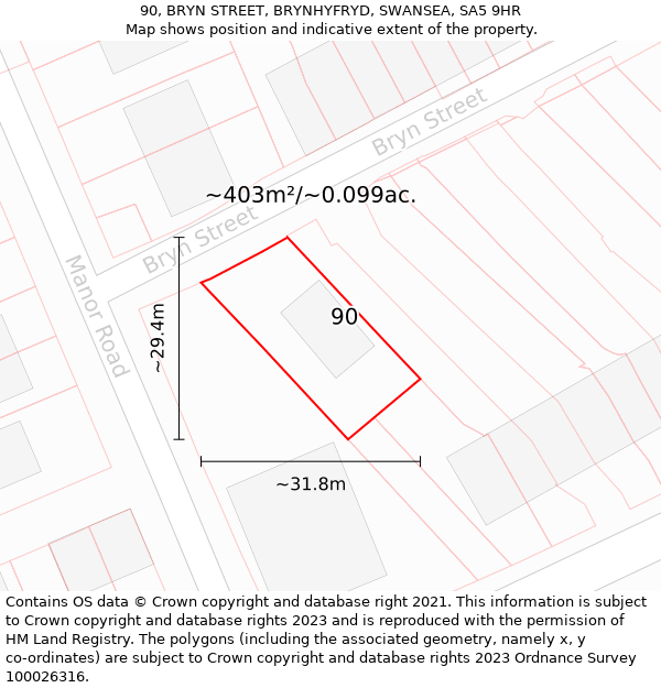 90, BRYN STREET, BRYNHYFRYD, SWANSEA, SA5 9HR: Plot and title map