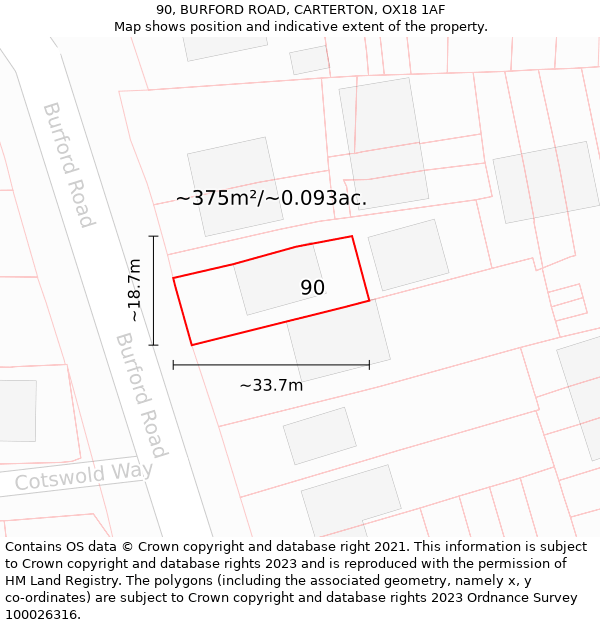 90, BURFORD ROAD, CARTERTON, OX18 1AF: Plot and title map