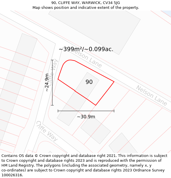 90, CLIFFE WAY, WARWICK, CV34 5JG: Plot and title map