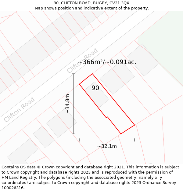 90, CLIFTON ROAD, RUGBY, CV21 3QX: Plot and title map