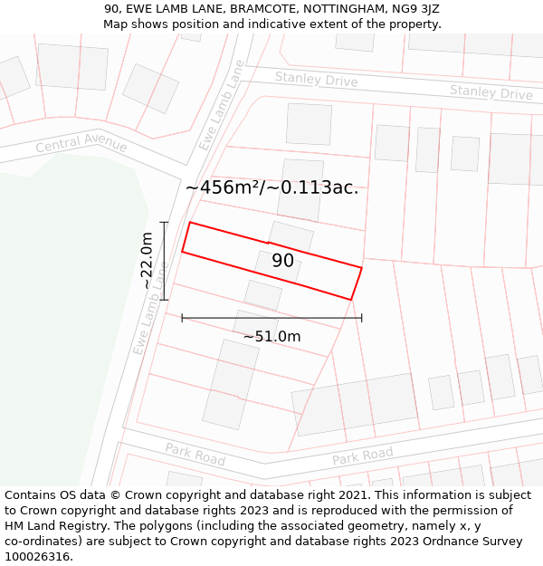 90, EWE LAMB LANE, BRAMCOTE, NOTTINGHAM, NG9 3JZ: Plot and title map