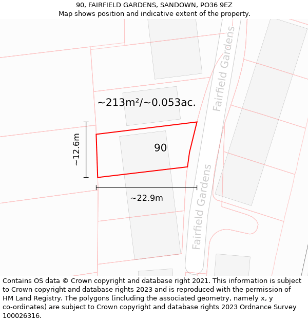 90, FAIRFIELD GARDENS, SANDOWN, PO36 9EZ: Plot and title map