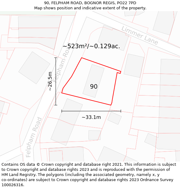 90, FELPHAM ROAD, BOGNOR REGIS, PO22 7PD: Plot and title map