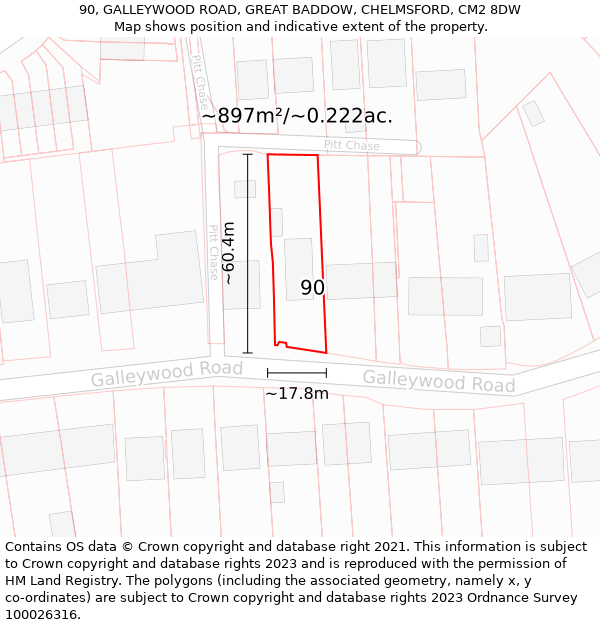 90, GALLEYWOOD ROAD, GREAT BADDOW, CHELMSFORD, CM2 8DW: Plot and title map