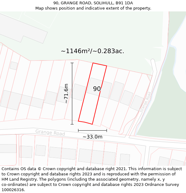 90, GRANGE ROAD, SOLIHULL, B91 1DA: Plot and title map