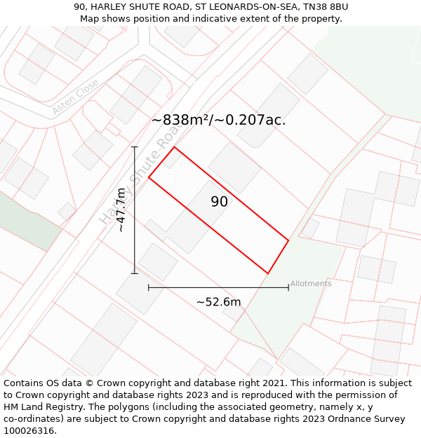 90, HARLEY SHUTE ROAD, ST LEONARDS-ON-SEA, TN38 8BU: Plot and title map