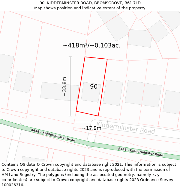 90, KIDDERMINSTER ROAD, BROMSGROVE, B61 7LD: Plot and title map