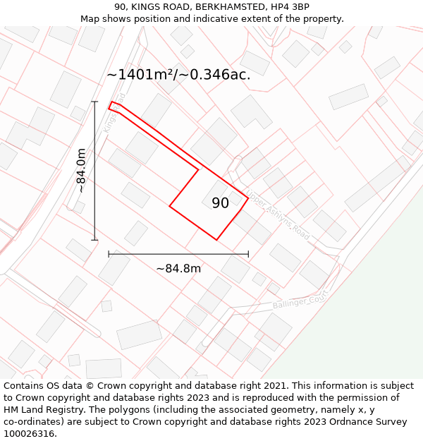 90, KINGS ROAD, BERKHAMSTED, HP4 3BP: Plot and title map