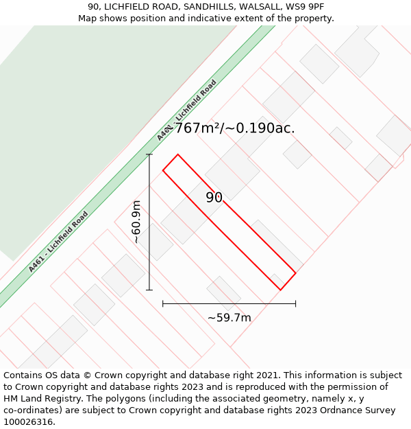 90, LICHFIELD ROAD, SANDHILLS, WALSALL, WS9 9PF: Plot and title map