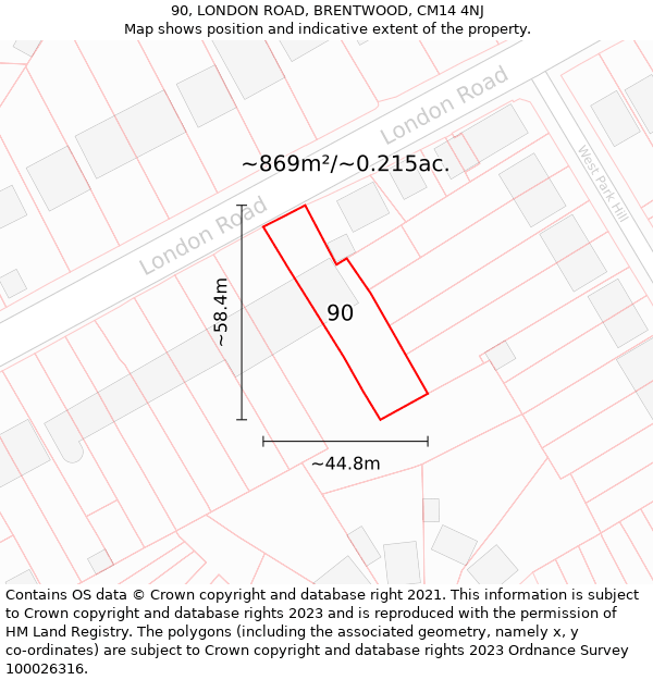90, LONDON ROAD, BRENTWOOD, CM14 4NJ: Plot and title map