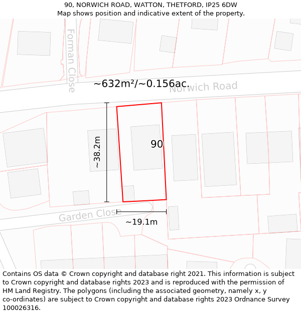 90, NORWICH ROAD, WATTON, THETFORD, IP25 6DW: Plot and title map