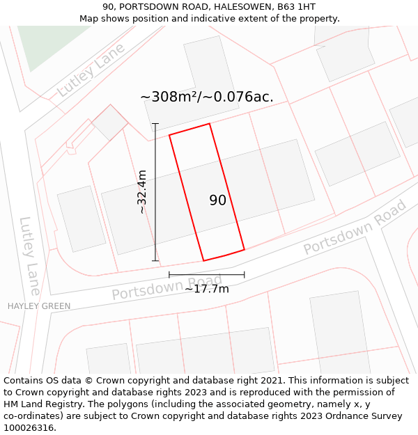 90, PORTSDOWN ROAD, HALESOWEN, B63 1HT: Plot and title map