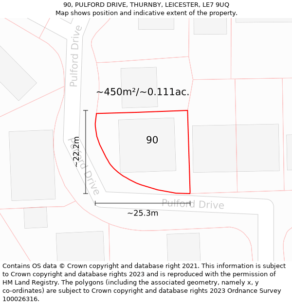 90, PULFORD DRIVE, THURNBY, LEICESTER, LE7 9UQ: Plot and title map