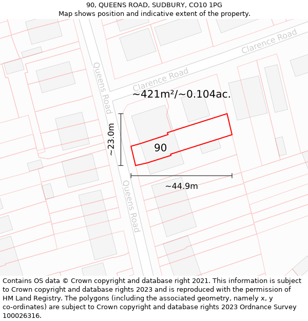 90, QUEENS ROAD, SUDBURY, CO10 1PG: Plot and title map