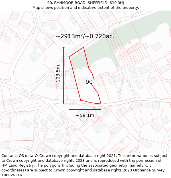 90, RANMOOR ROAD, SHEFFIELD, S10 3HJ: Plot and title map