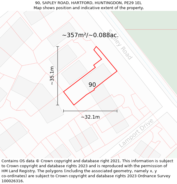 90, SAPLEY ROAD, HARTFORD, HUNTINGDON, PE29 1EL: Plot and title map