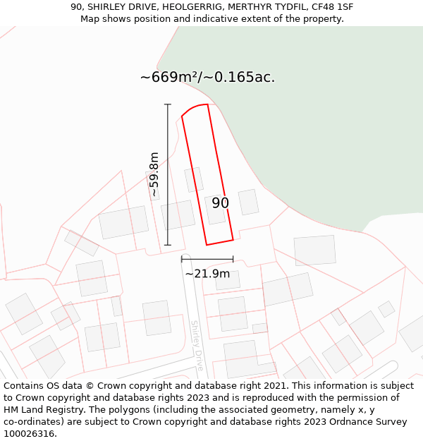 90, SHIRLEY DRIVE, HEOLGERRIG, MERTHYR TYDFIL, CF48 1SF: Plot and title map