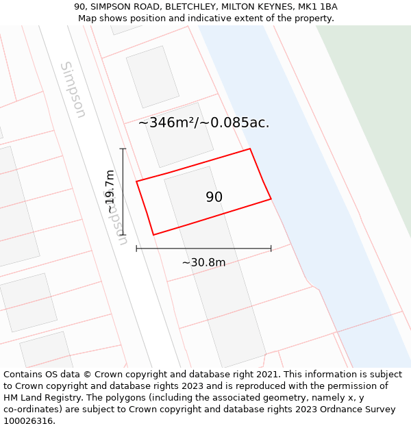 90, SIMPSON ROAD, BLETCHLEY, MILTON KEYNES, MK1 1BA: Plot and title map