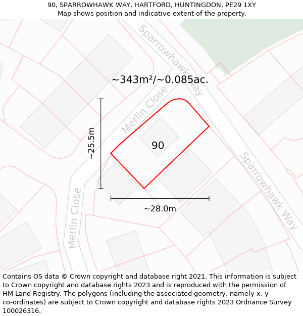 90, SPARROWHAWK WAY, HARTFORD, HUNTINGDON, PE29 1XY: Plot and title map