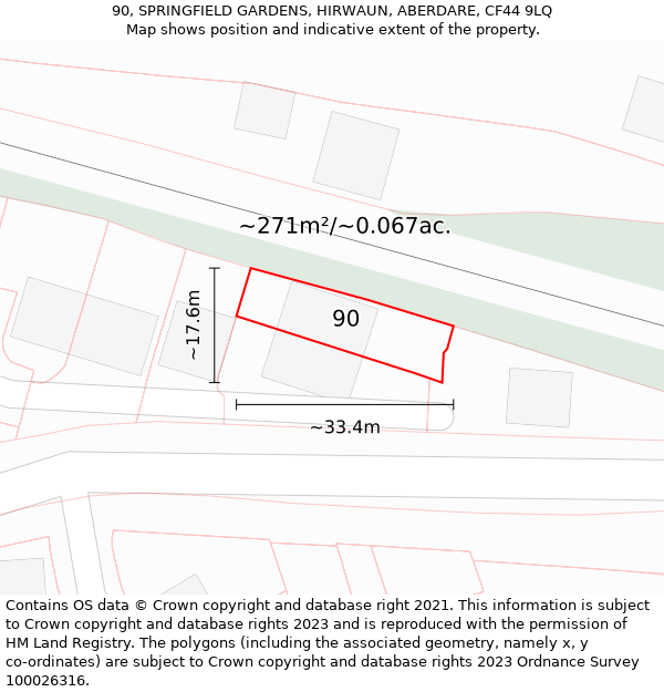 90, SPRINGFIELD GARDENS, HIRWAUN, ABERDARE, CF44 9LQ: Plot and title map