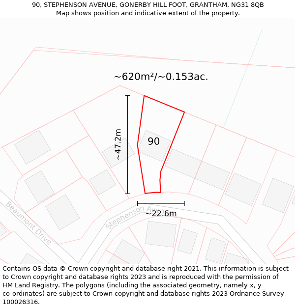 90, STEPHENSON AVENUE, GONERBY HILL FOOT, GRANTHAM, NG31 8QB: Plot and title map