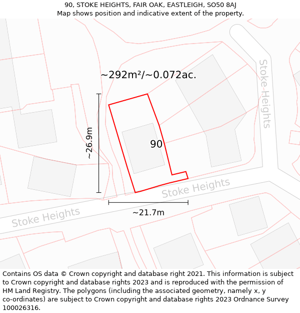 90, STOKE HEIGHTS, FAIR OAK, EASTLEIGH, SO50 8AJ: Plot and title map