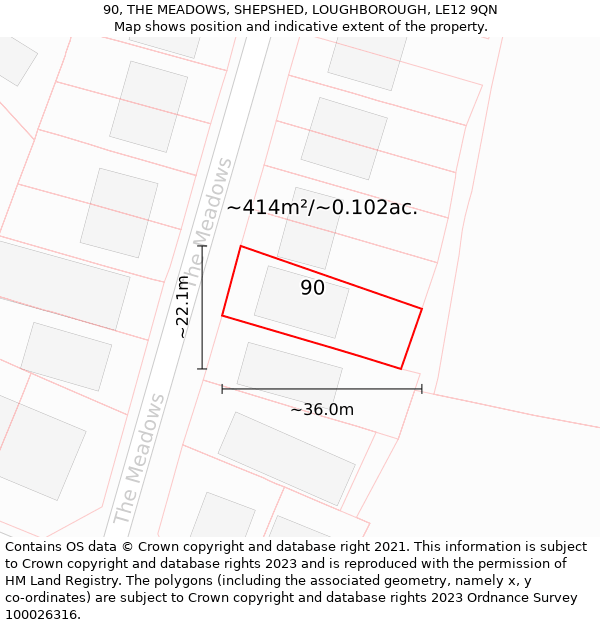 90, THE MEADOWS, SHEPSHED, LOUGHBOROUGH, LE12 9QN: Plot and title map