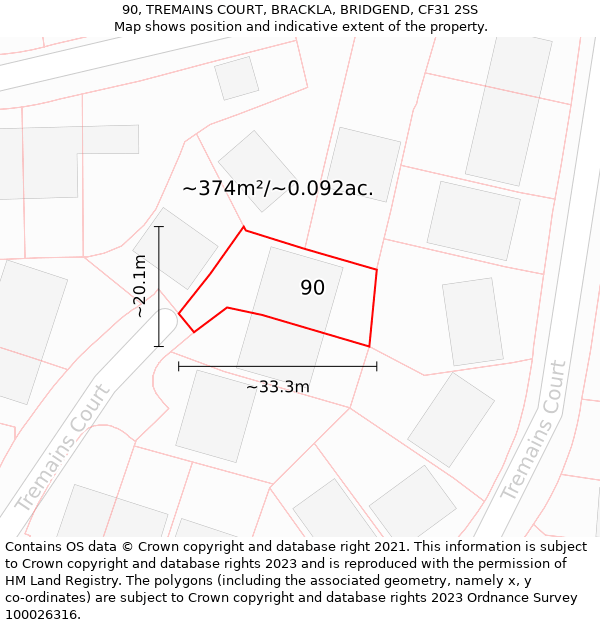 90, TREMAINS COURT, BRACKLA, BRIDGEND, CF31 2SS: Plot and title map