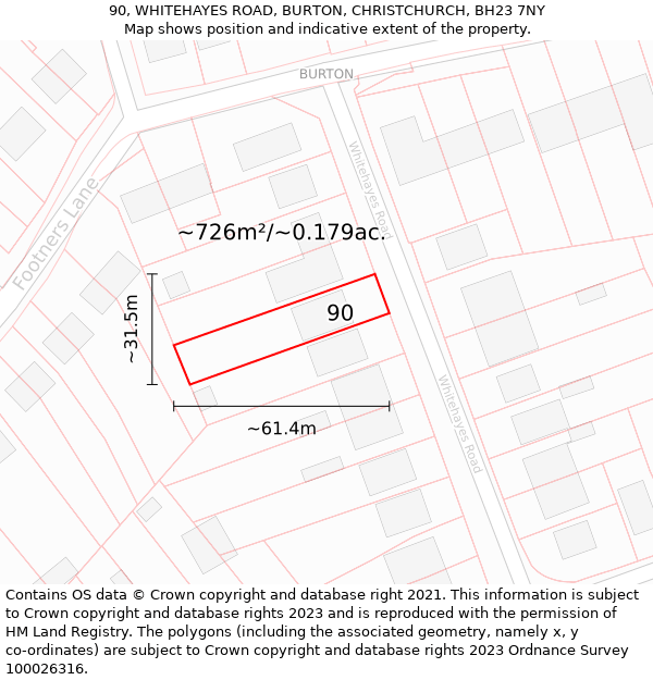 90, WHITEHAYES ROAD, BURTON, CHRISTCHURCH, BH23 7NY: Plot and title map