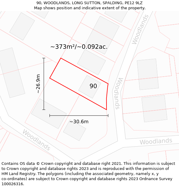 90, WOODLANDS, LONG SUTTON, SPALDING, PE12 9LZ: Plot and title map